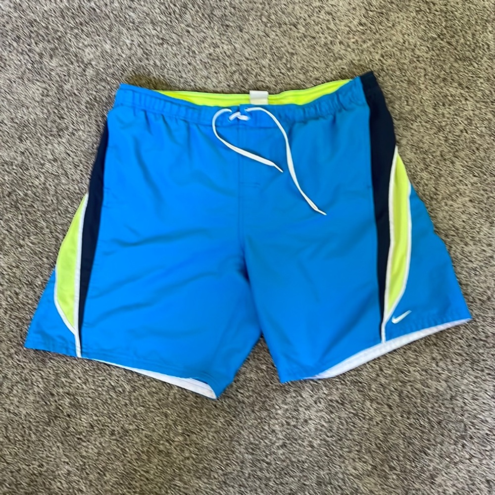 Nike, Men’s XL swim trunks, Blue with navy and neon, used